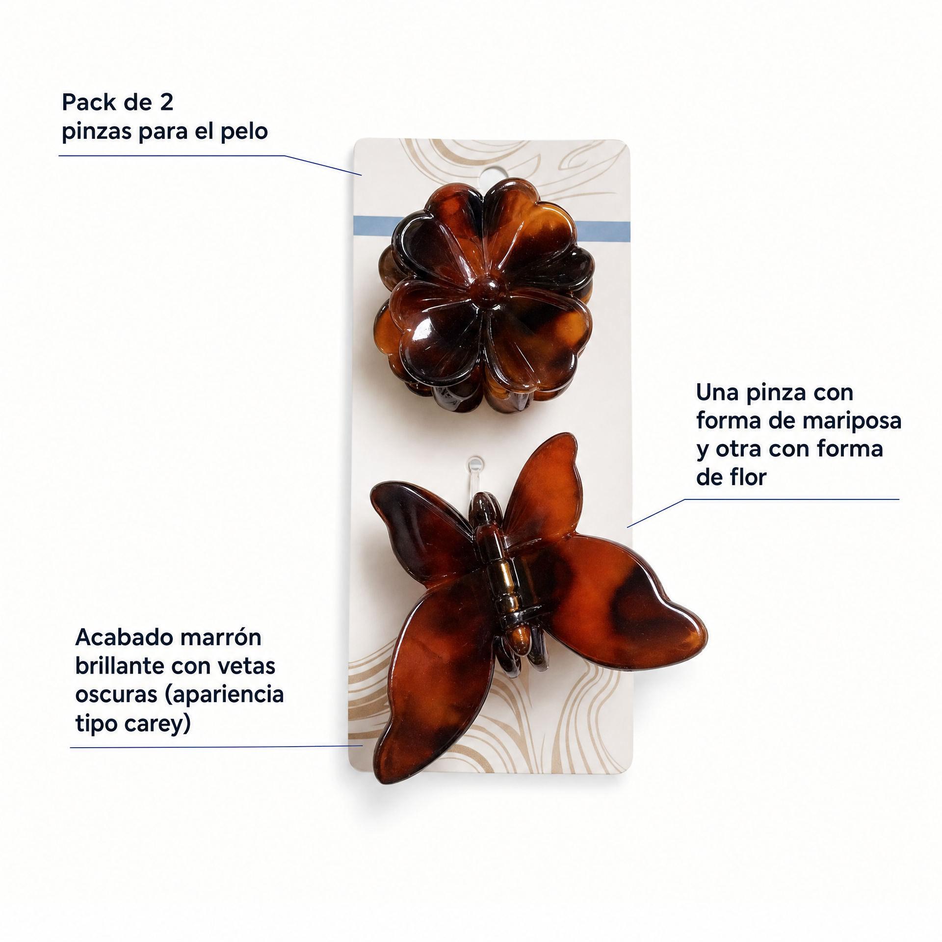 Conjunto de 2 pinzas para el pelo mariposa y flor, acabado marrón brillante tipo carey