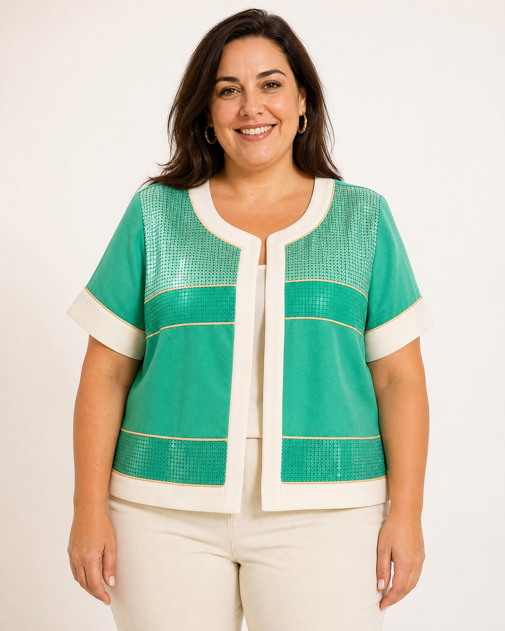 Chaqueta con Lentejuelas Verde y Coral · Tallas 38–48 | ANANY