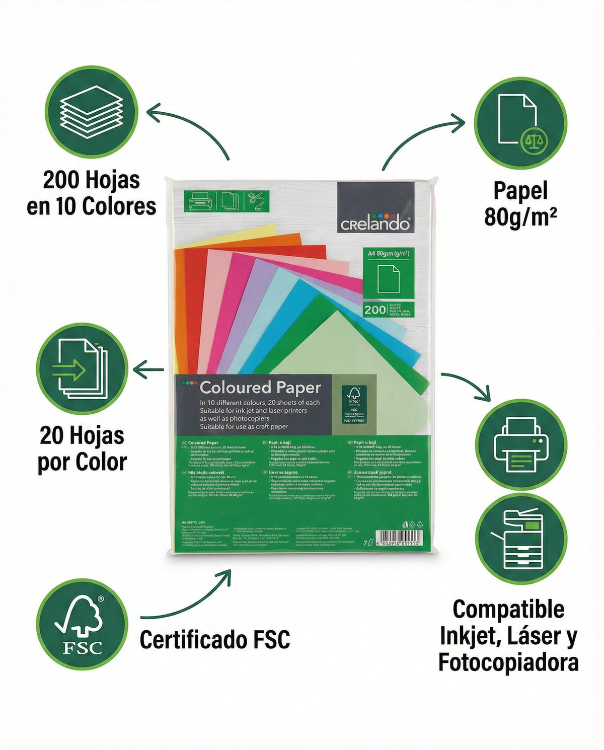 Papel de Colores Crelando A4 200 Hojas 10 Colores