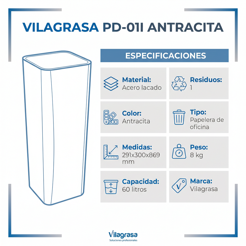 Papelera de Oficina Vilagrasa PD-01I — 01I Antracita-Papelera 1 Residuo 291X300X869 Mm Cap 60 L.