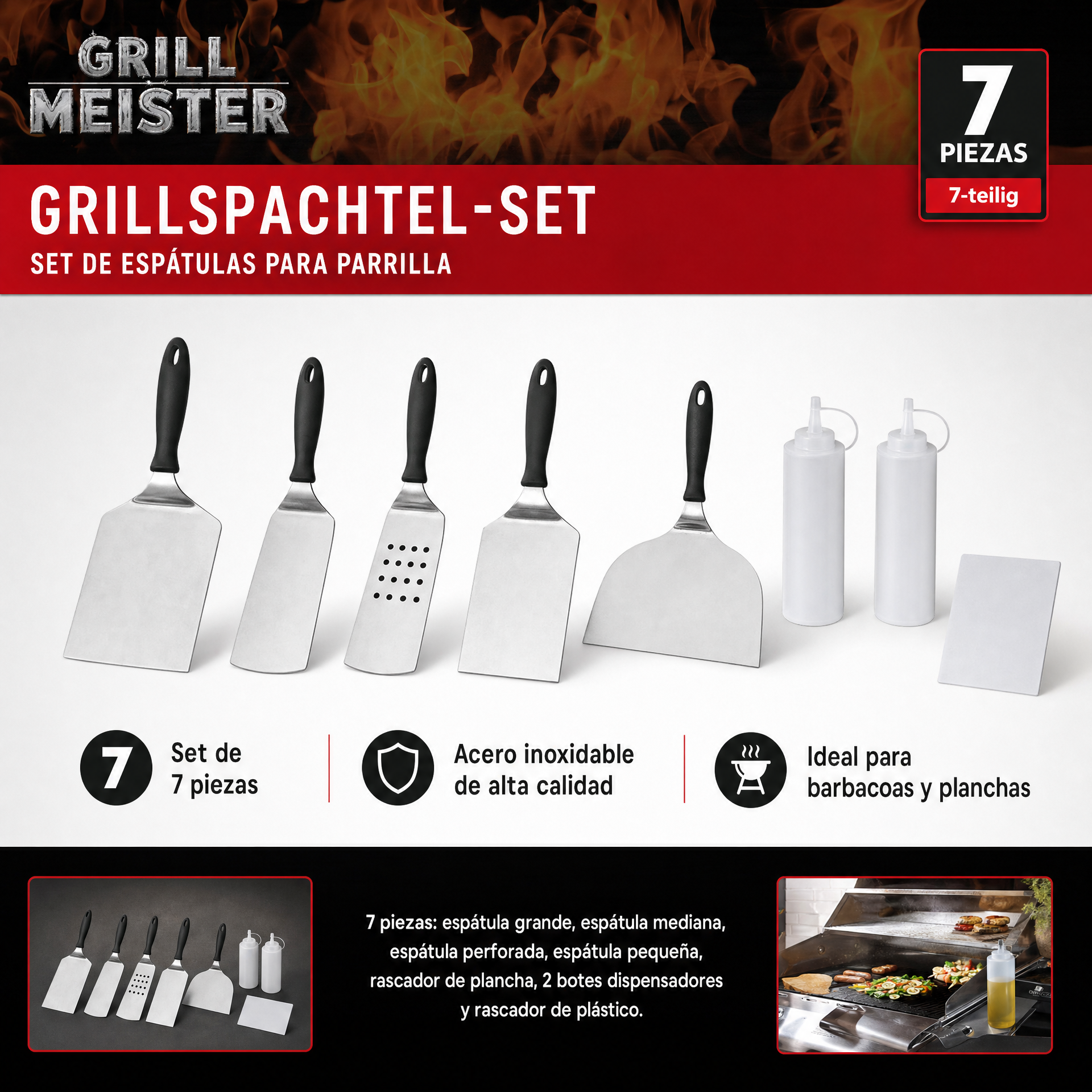 Grill Meister set de espátulas y utensilios para barbacoa con botes exprimidores