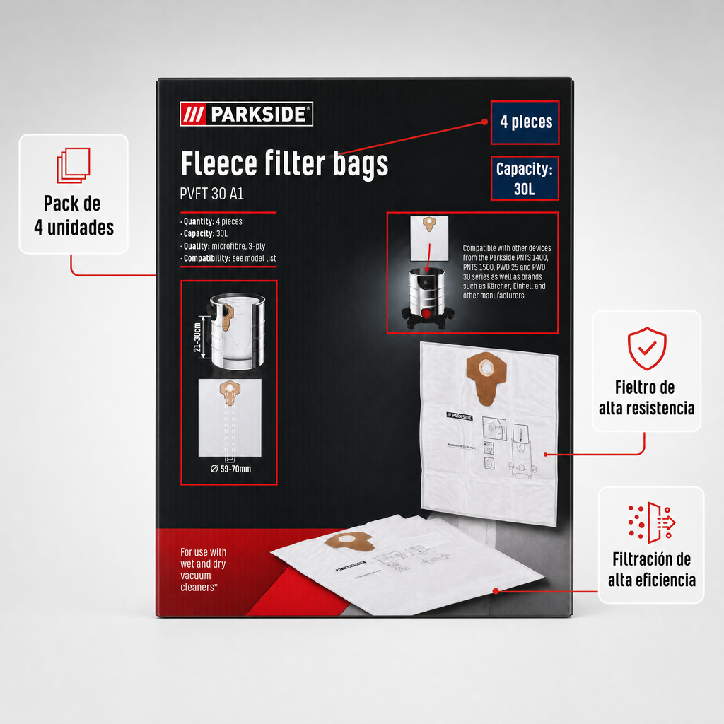 Parkside Bolsas de filtro de fieltro para aspiradora compatibles con PNTS y PWD Pack de 4