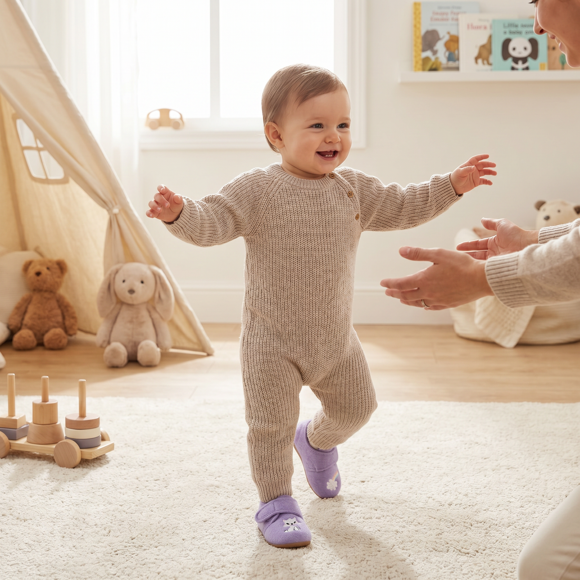Zapatillas de Casa Bebé Lila Unicornio/Gatito — Fieltro con Velcro