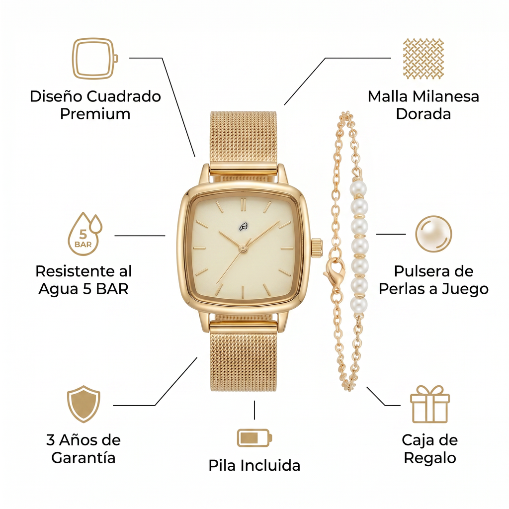 Set Reloj y Pulsera Auriol Mujer Dorado Cuadrado — Malla Milanesa + Perlas