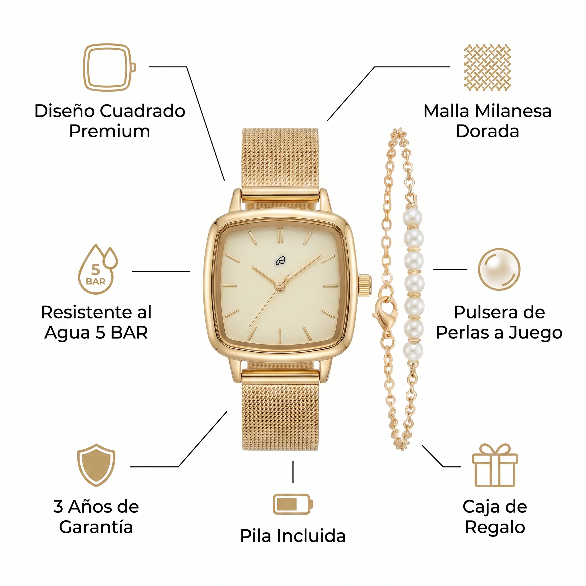 Set Reloj y Pulsera Auriol Mujer Dorado Cuadrado — Malla Milanesa + Perlas