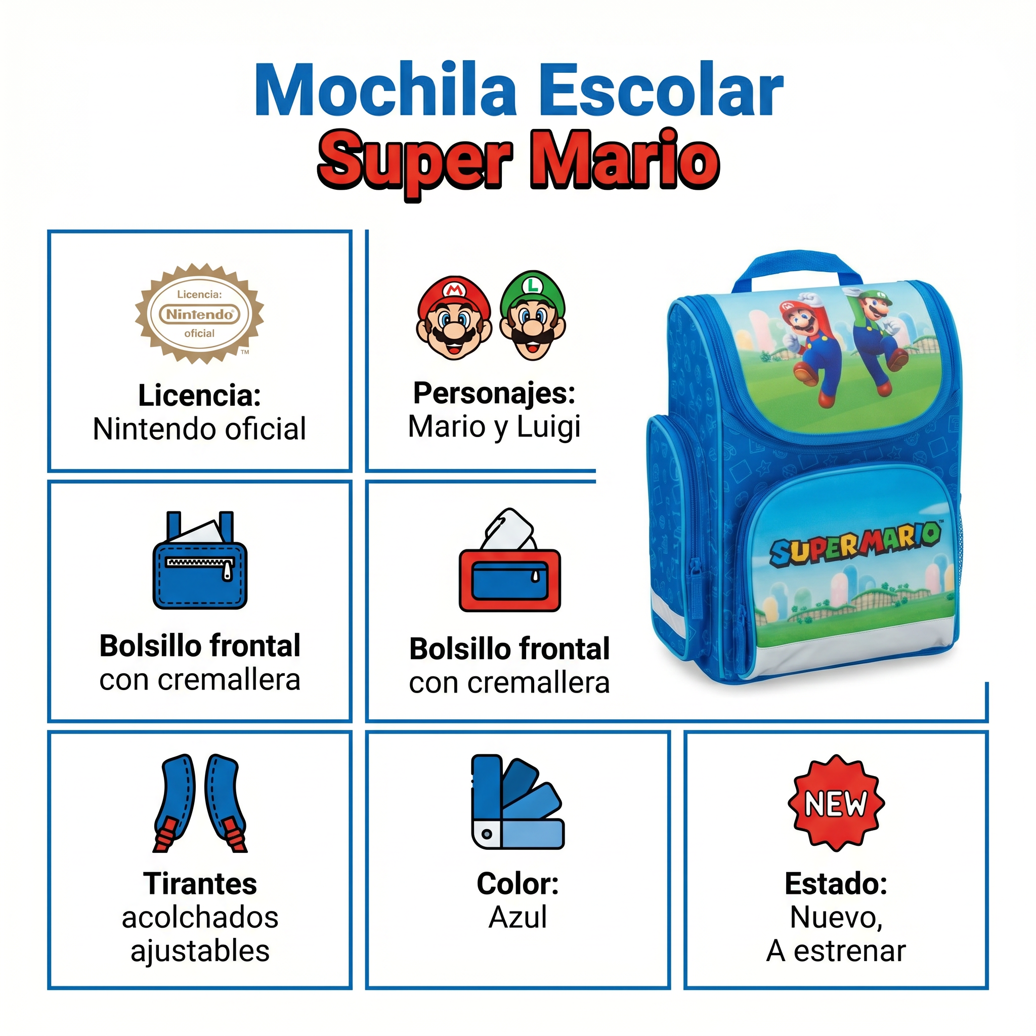 Mochila Escolar Super Mario — Mario y Luigi (Licencia Nintendo)