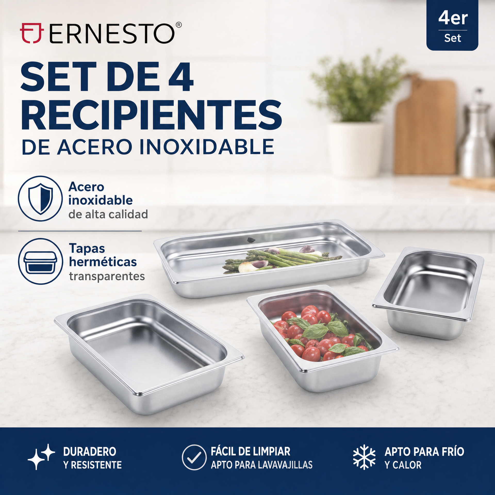 Set de 4 Recipientes de Acero Inoxidable Ernesto