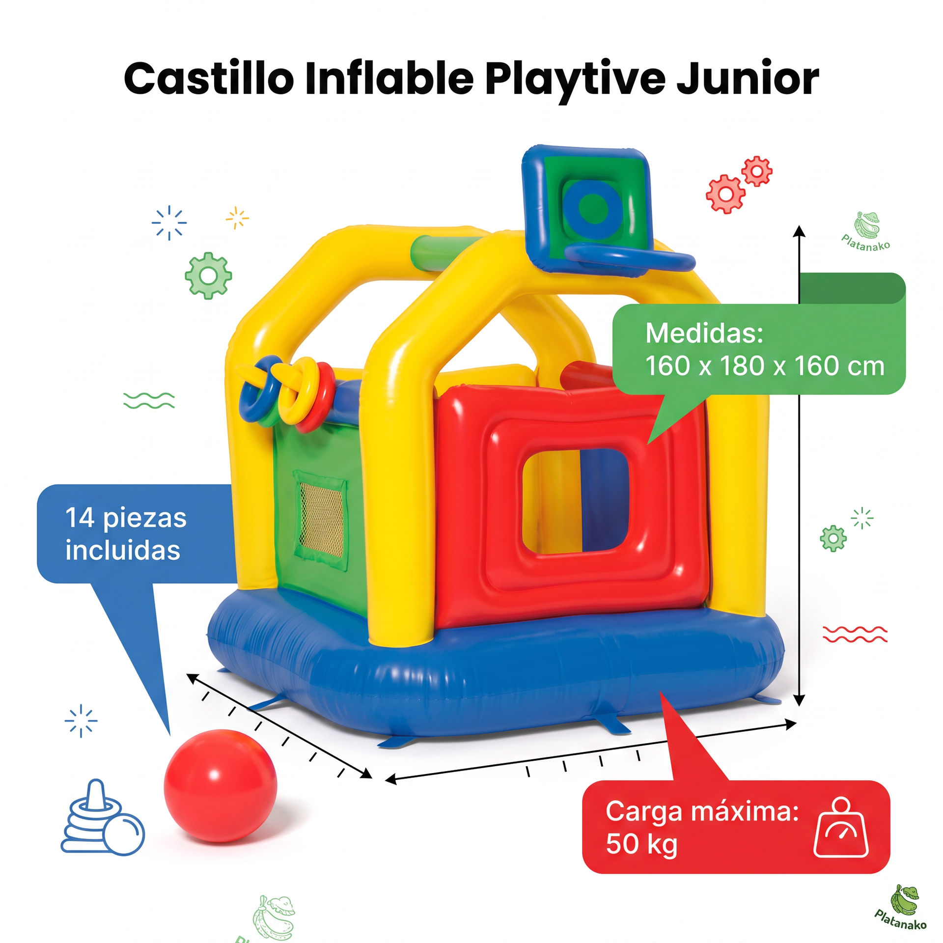 Castillo hinchable multicolor con canasta de baloncesto, aros apilables y pelota