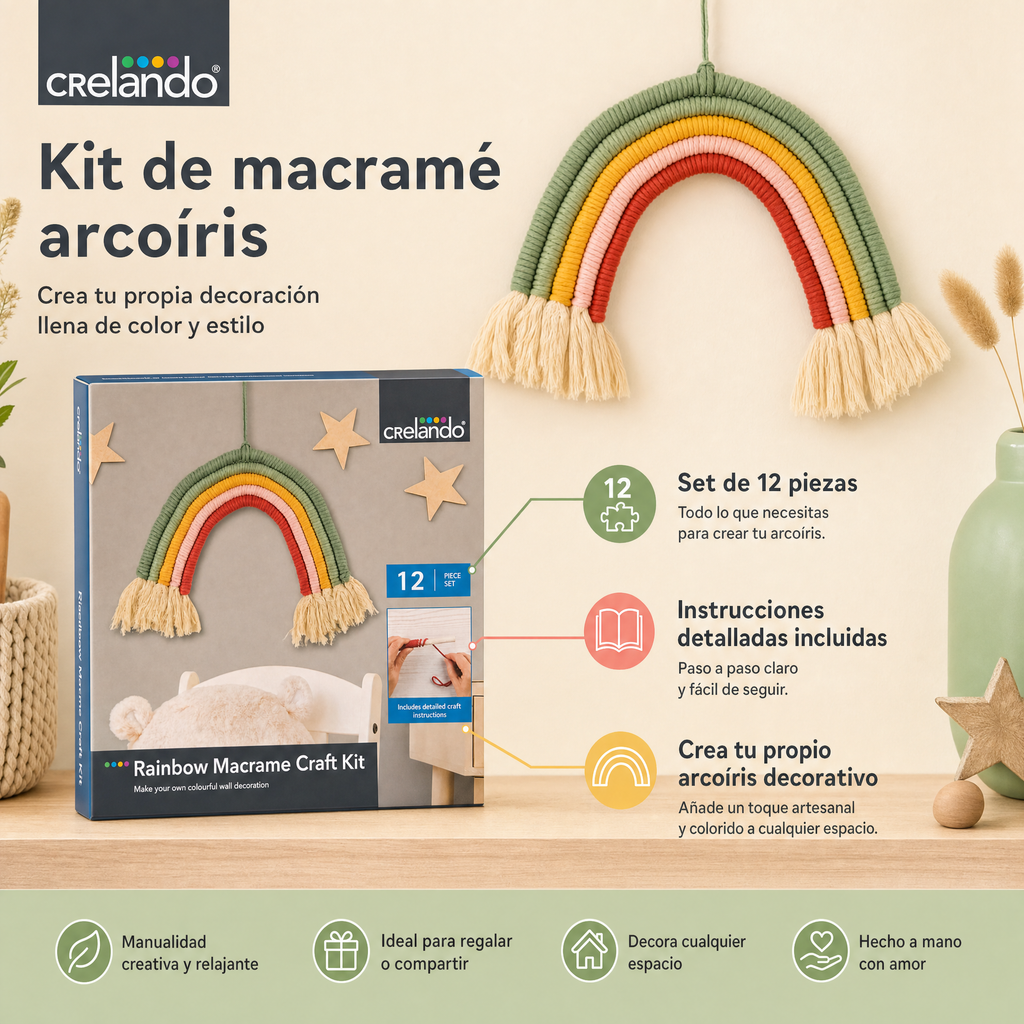 Kit macramé decoración arcoíris, set de 12 piezas con instrucciones