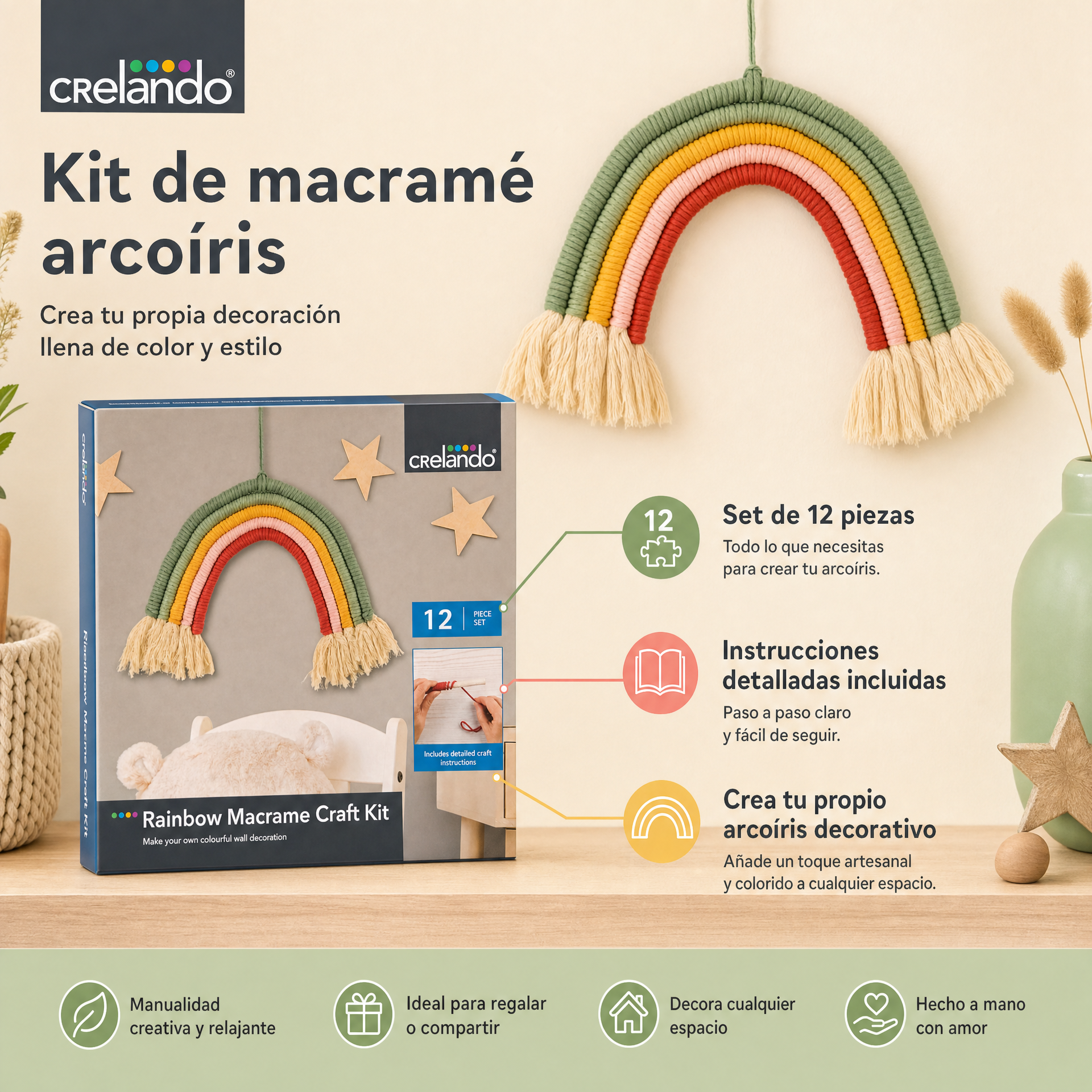 Kit macramé decoración arcoíris, set de 12 piezas con instrucciones