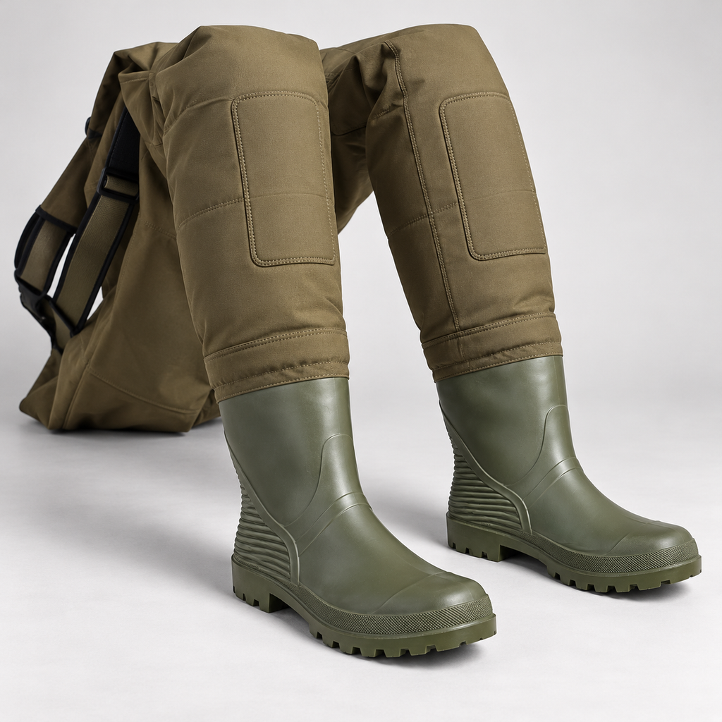 Detalle de rodillas reforzadas y botas del vadeador talla 39