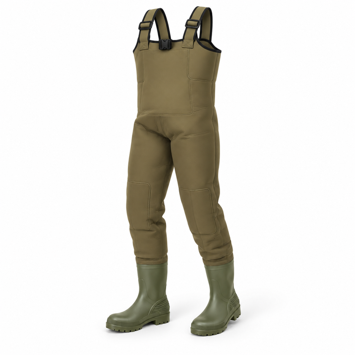 Vadeador verde con botas talla 39 sobre fondo blanco