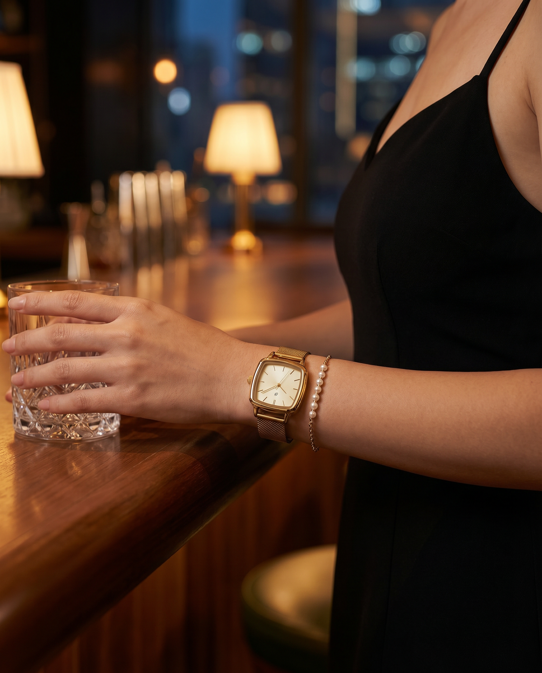 Set Reloj y Pulsera Auriol Mujer Dorado Cuadrado — Malla Milanesa + Perlas