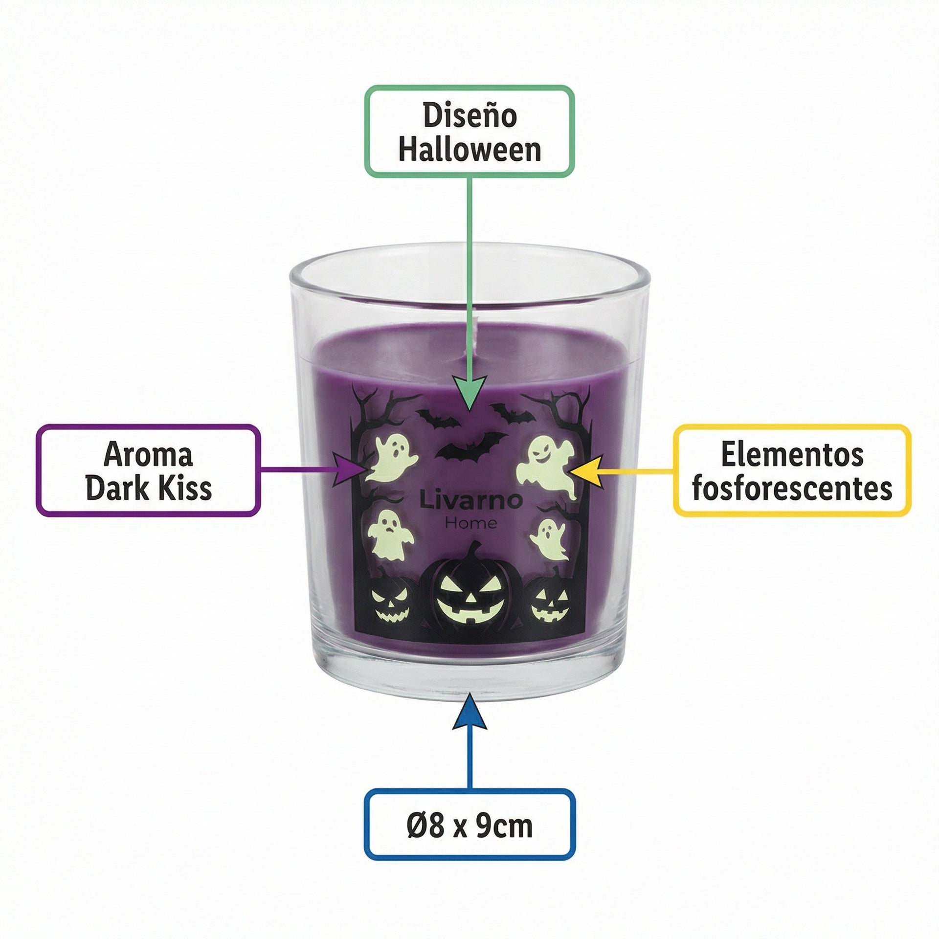 Vela Aromática en Tarro Halloween Dark Kiss Glow-in-the-Dark Ø8x9cm | Livarno Home