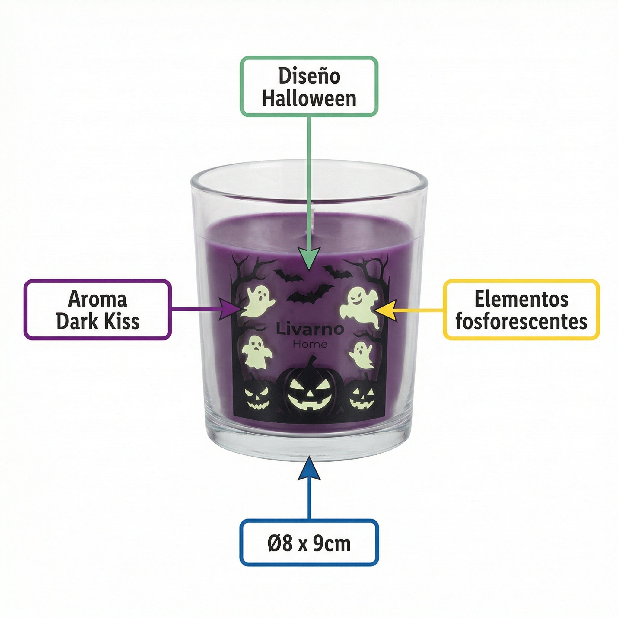 Vela Aromática en Tarro Halloween Dark Kiss Glow-in-the-Dark Ø8x9cm | Livarno Home
