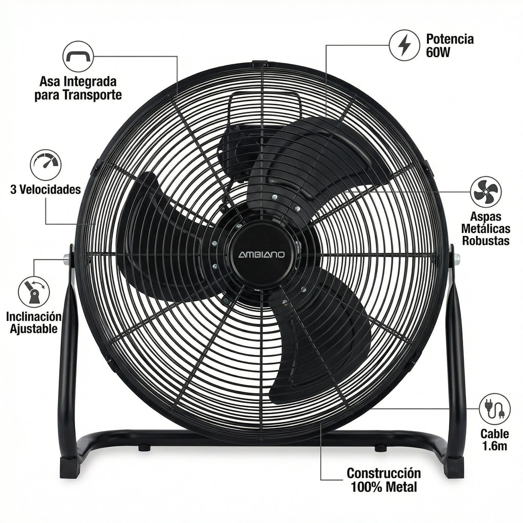Ventilador de Suelo Industrial Alta Velocidad 60W Aspas Metálicas con Asa | Ambiano