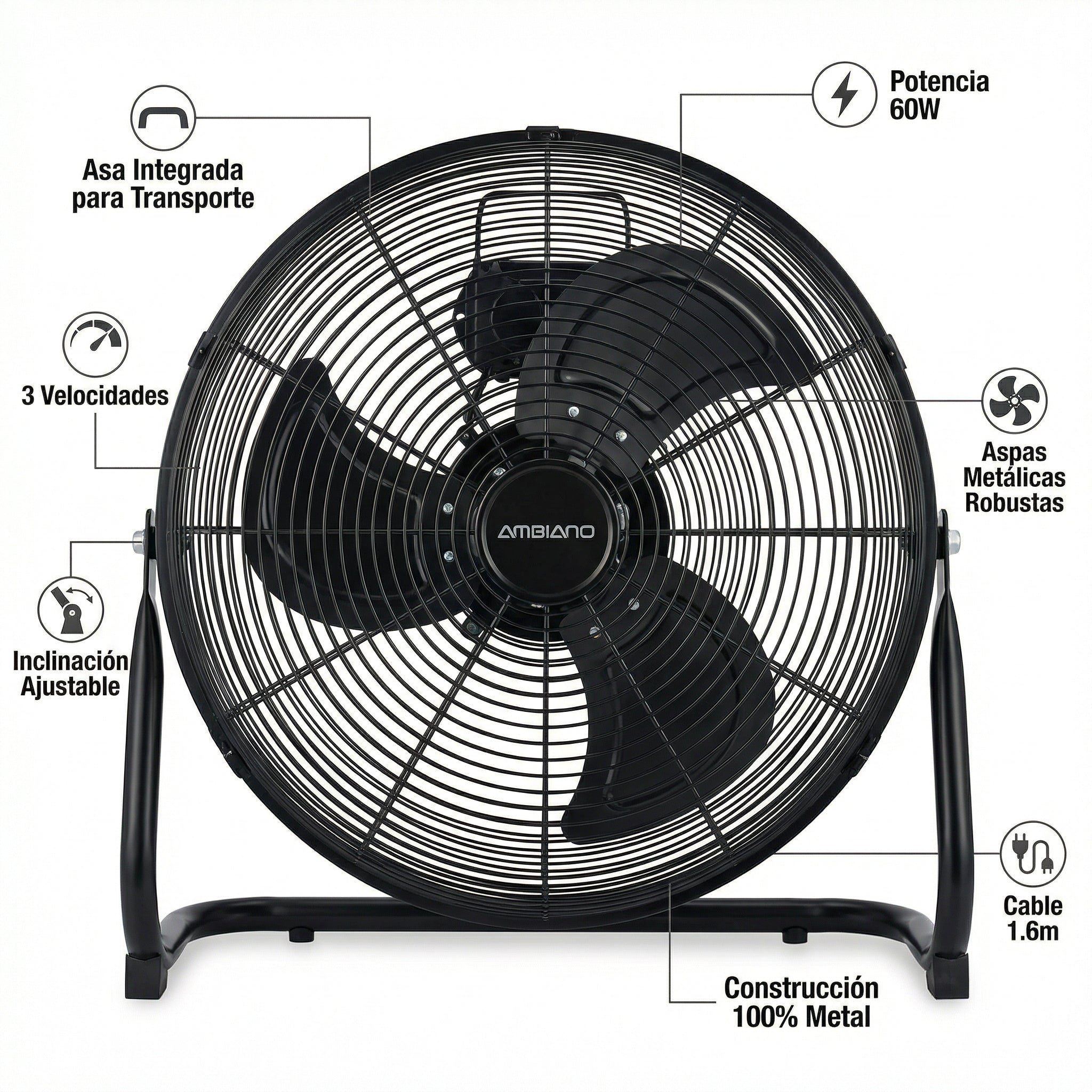 Ventilador de Suelo Industrial Alta Velocidad 60W Aspas Metálicas con Asa | Ambiano