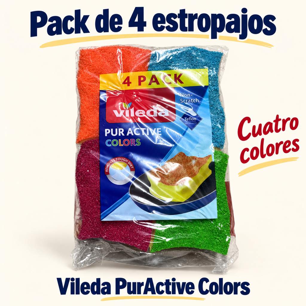 Vileda PurActive Colors pack de 4 estropajos: características y cuatro colores del paquete