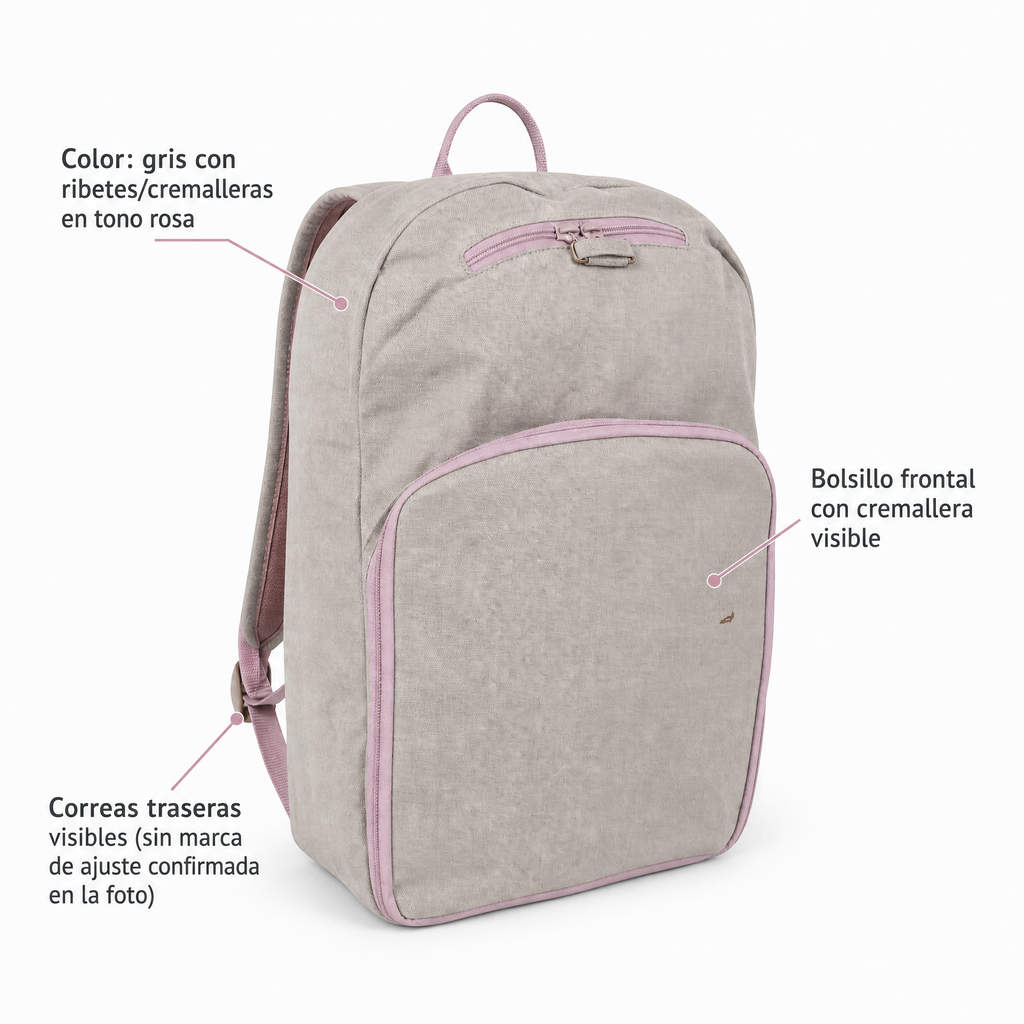 Mochila gris con ribetes y cremalleras rosas, bolsillo frontal y pequeña mancha