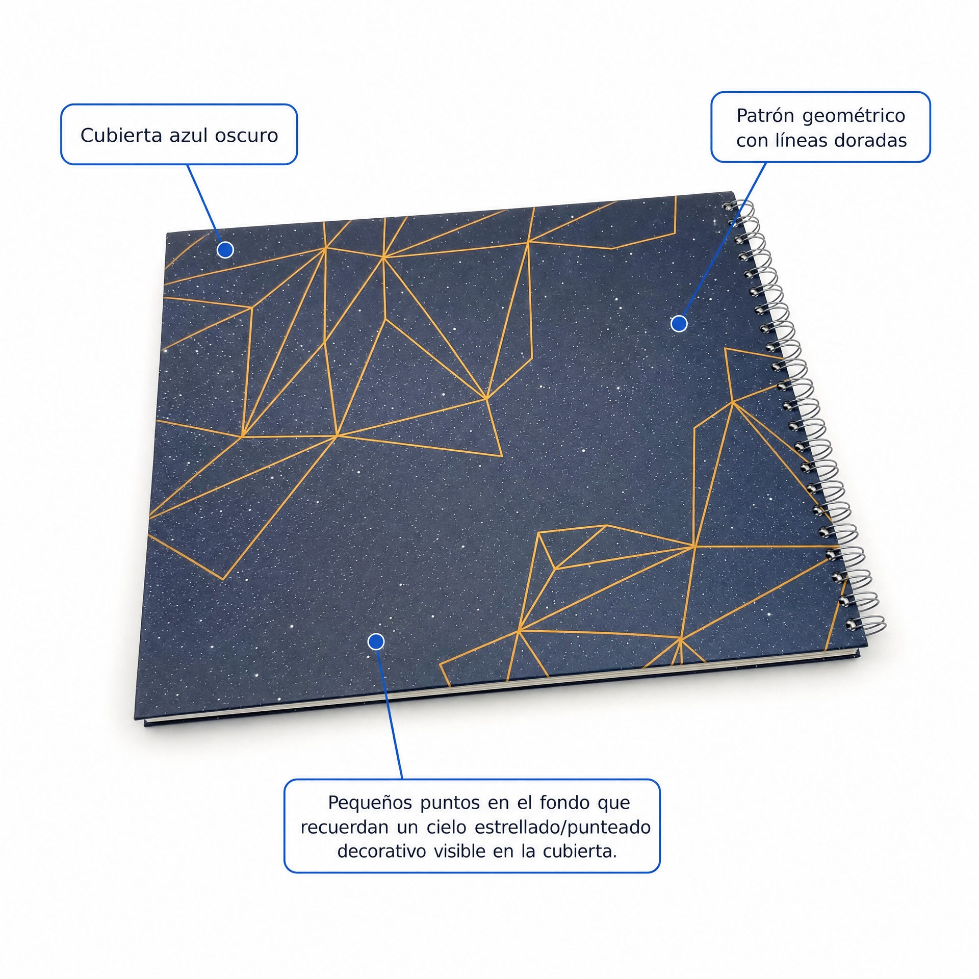 Álbum encuadernado en espiral azul oscuro con líneas geométricas doradas y puntos estelares