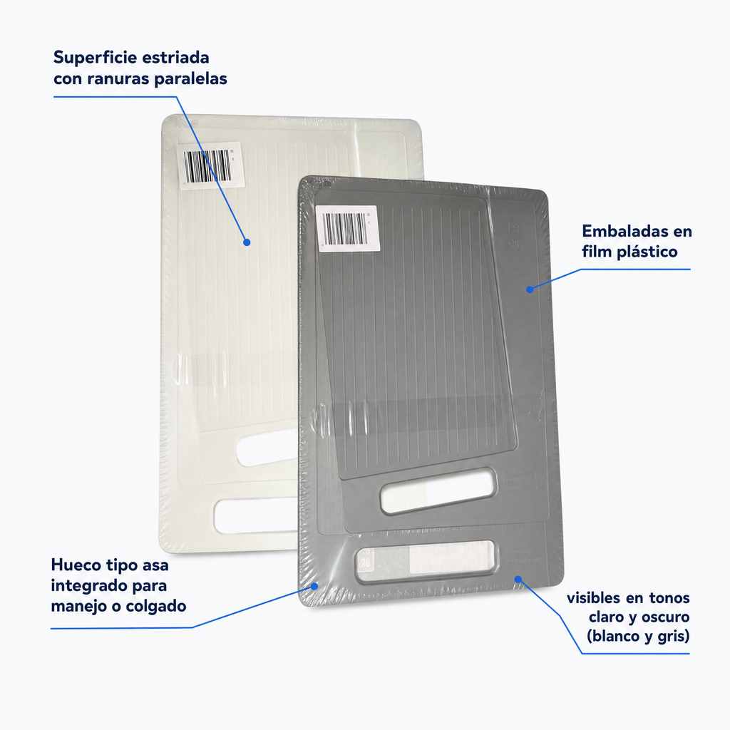 Tabla de corte rectangular estriada con asa integrada, blanco y gris