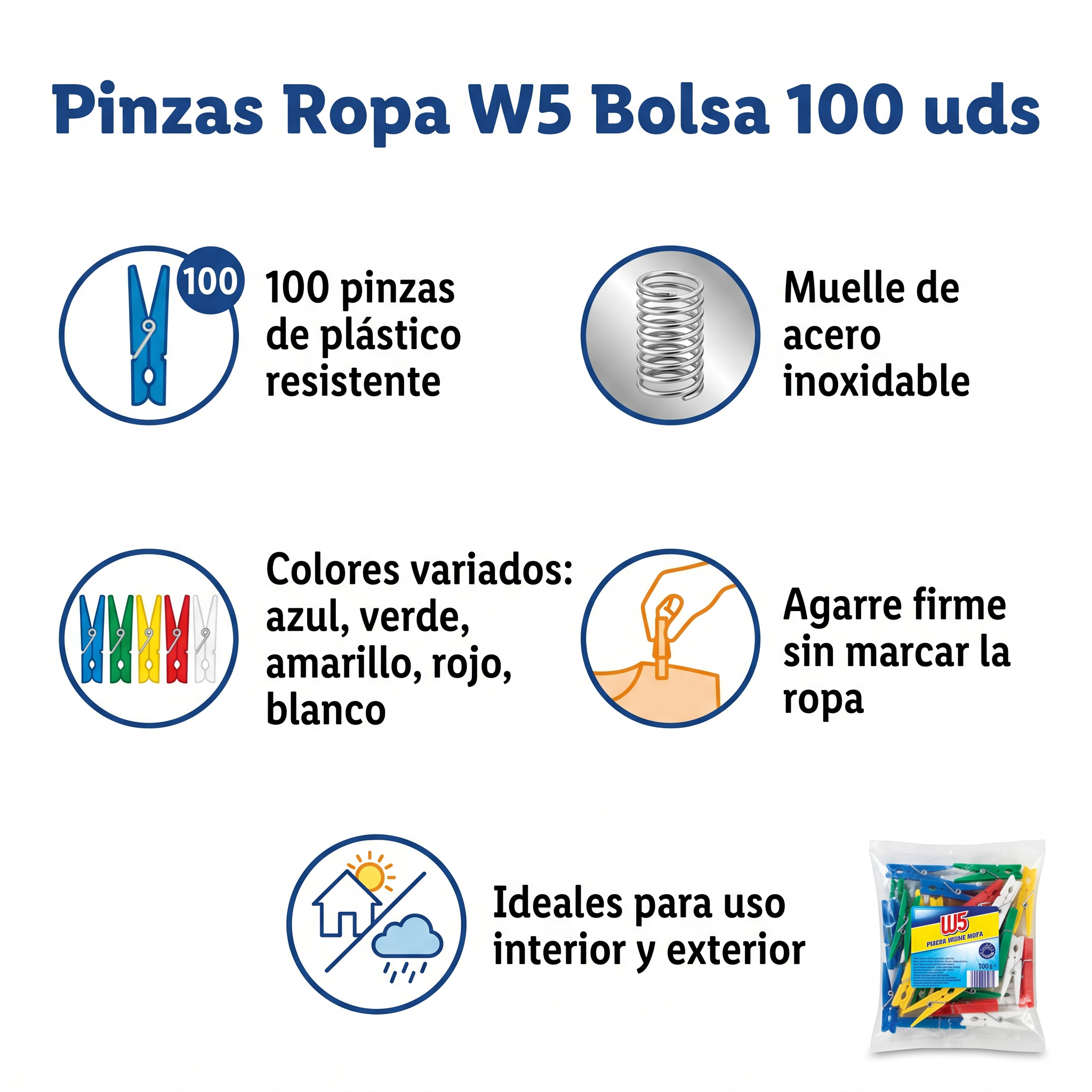 Pinzas Ropa W5 — Bolsa 100 uds