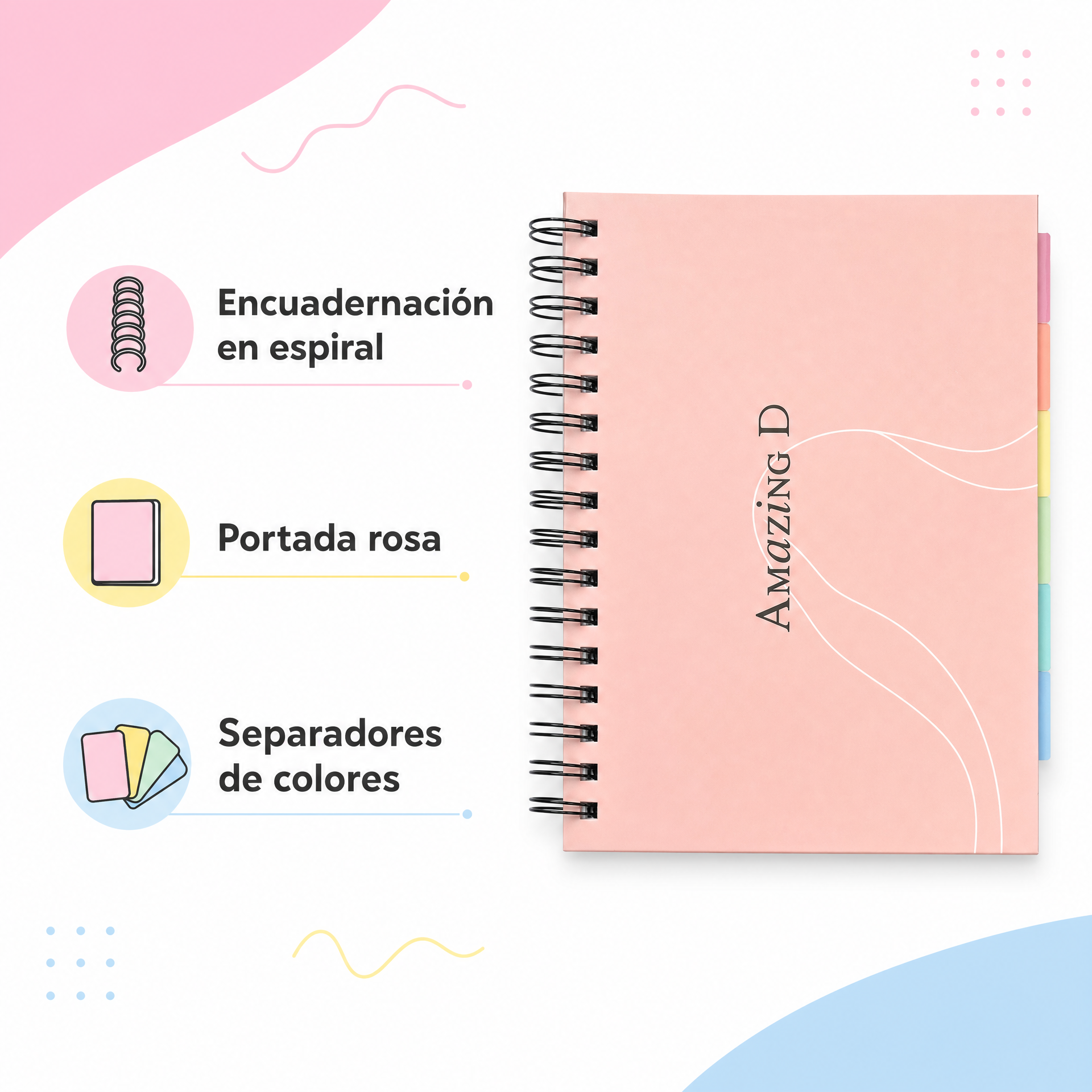 Cuaderno espiral rosa Amazing con separadores de pestañas de colores