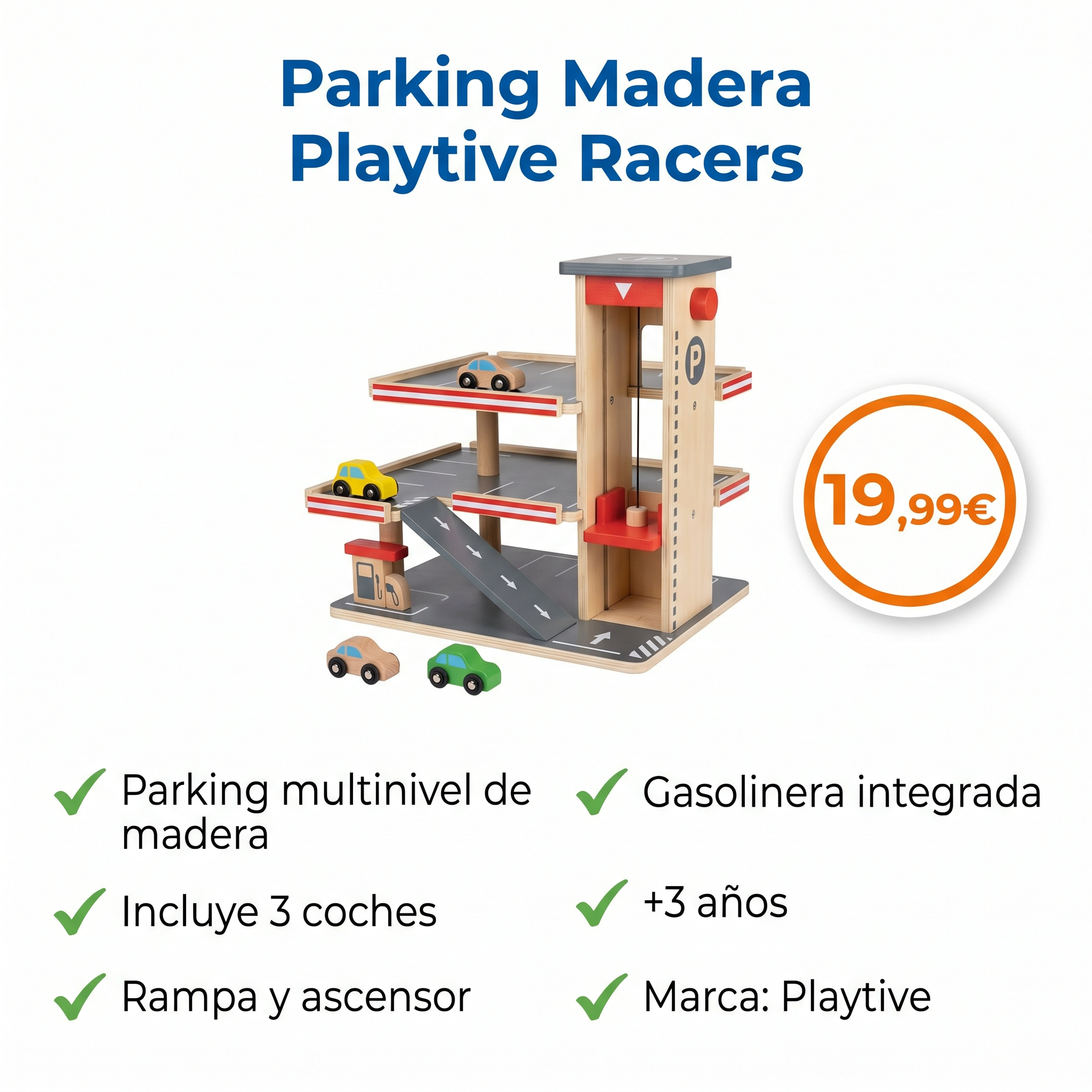 Parking Madera Playtive Racers — Con 3 Coches