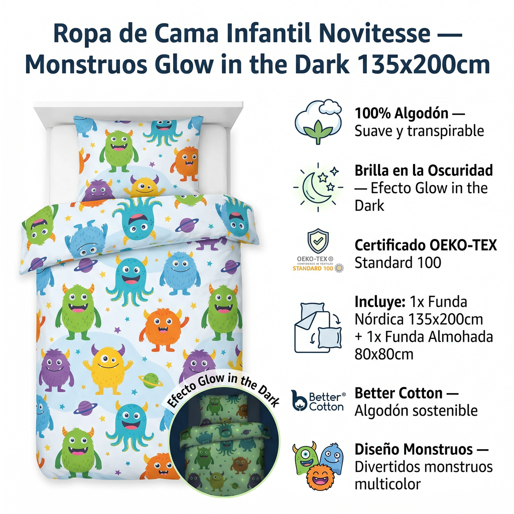 Ropa de Cama Infantil Novitesse Glow in the Dark — Monstruos 135x200cm