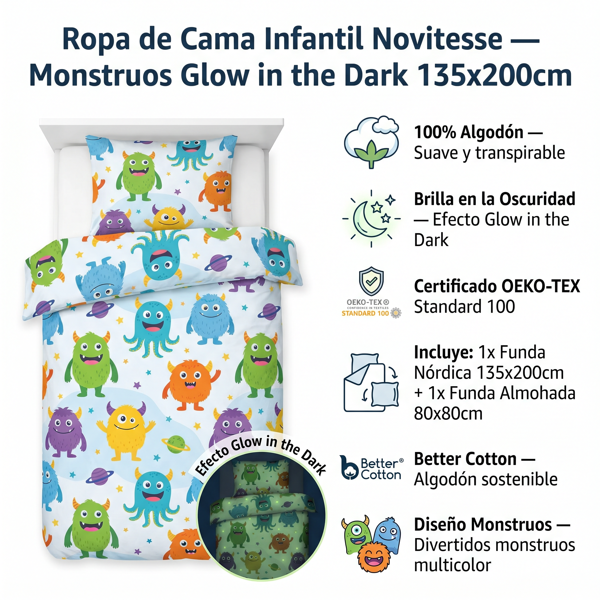Ropa de Cama Infantil Novitesse Glow in the Dark — Monstruos 135x200cm