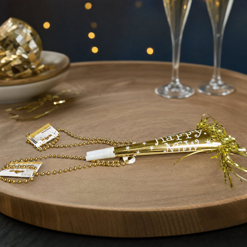 Trompeta de fiesta dorada Happy New Year con flecos y collar de cuentas doradas