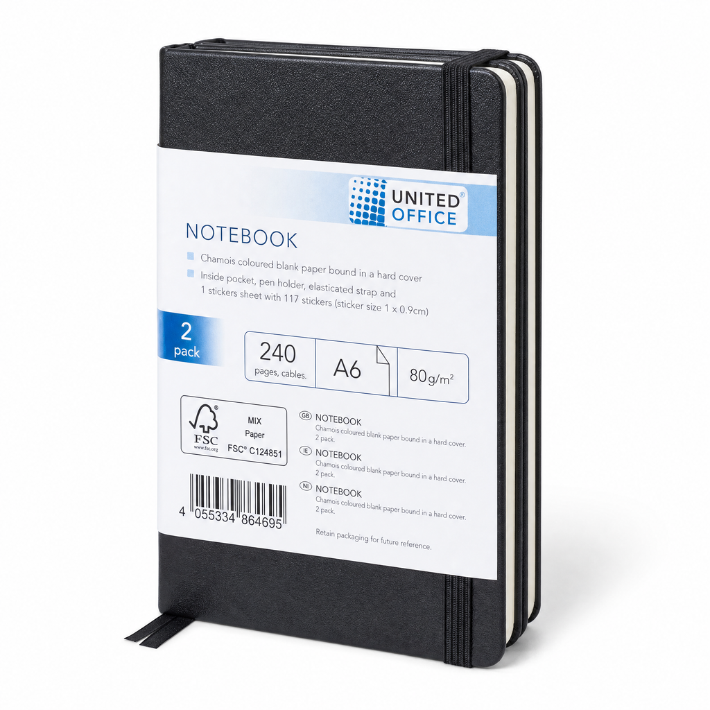 United Office pack de 2 libretas A6 tapa dura cierre elástico 240 páginas cinta marcapáginas