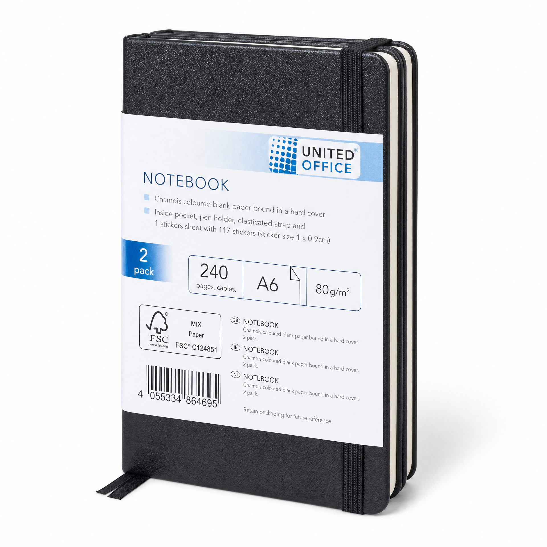 United Office pack de 2 libretas A6 tapa dura cierre elástico 240 páginas cinta marcapáginas