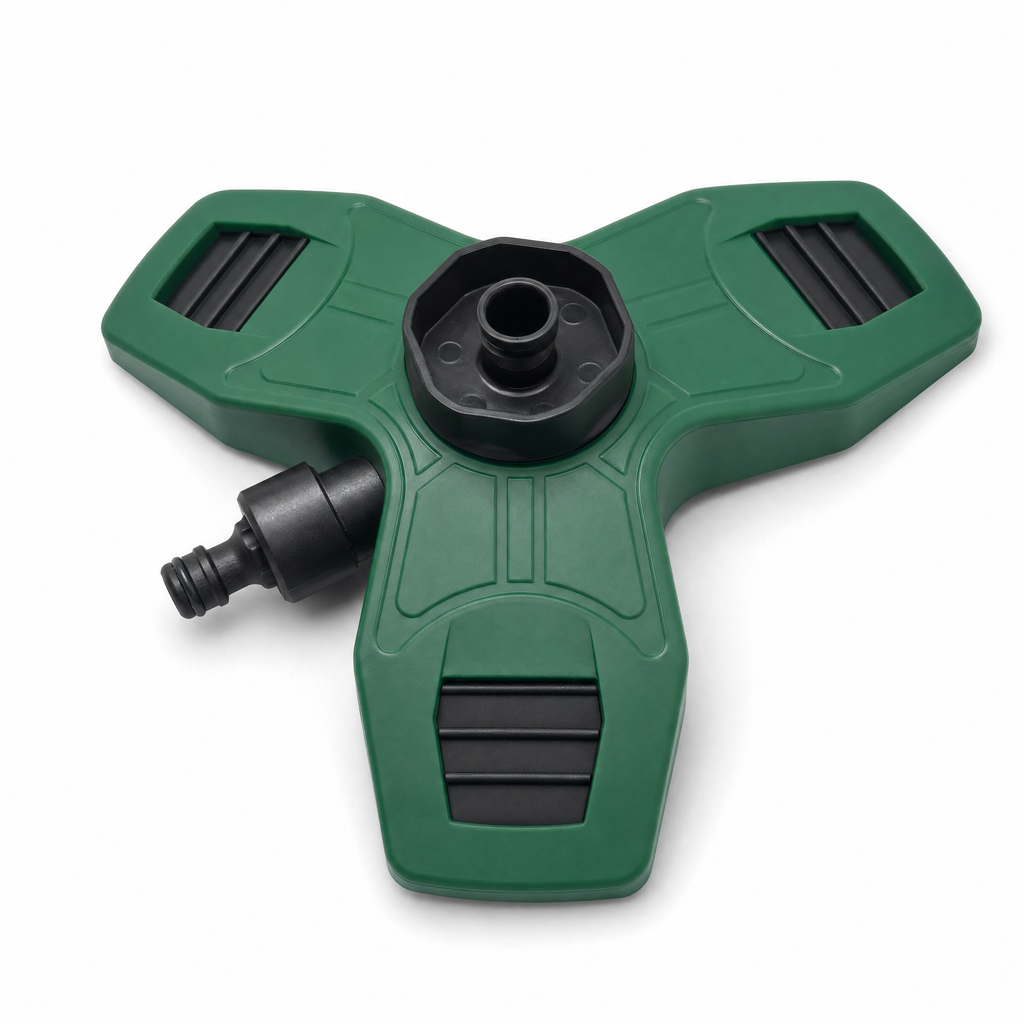 Base aspersor triple para jardín con conector lateral y pads antideslizantes