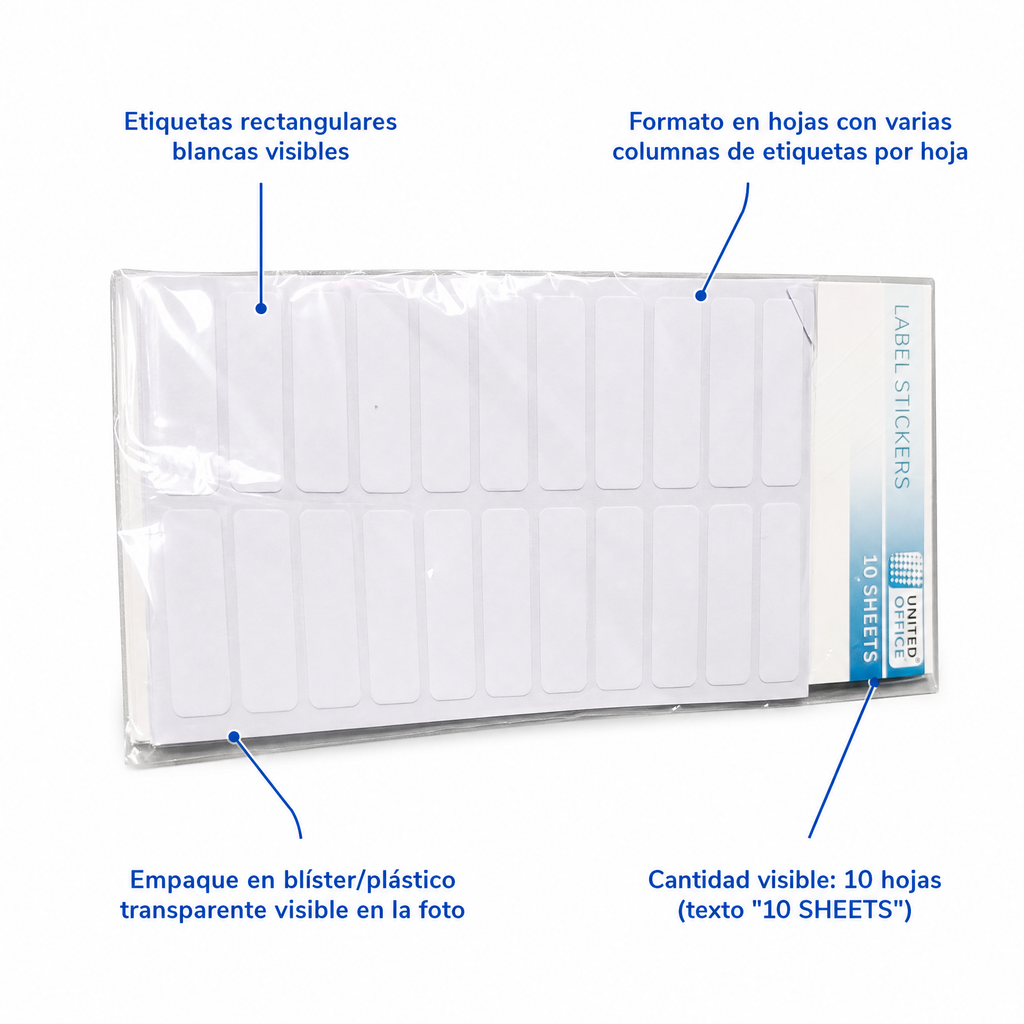 Etiquetas adhesivas blancas rectangulares, paquete de 10 hojas