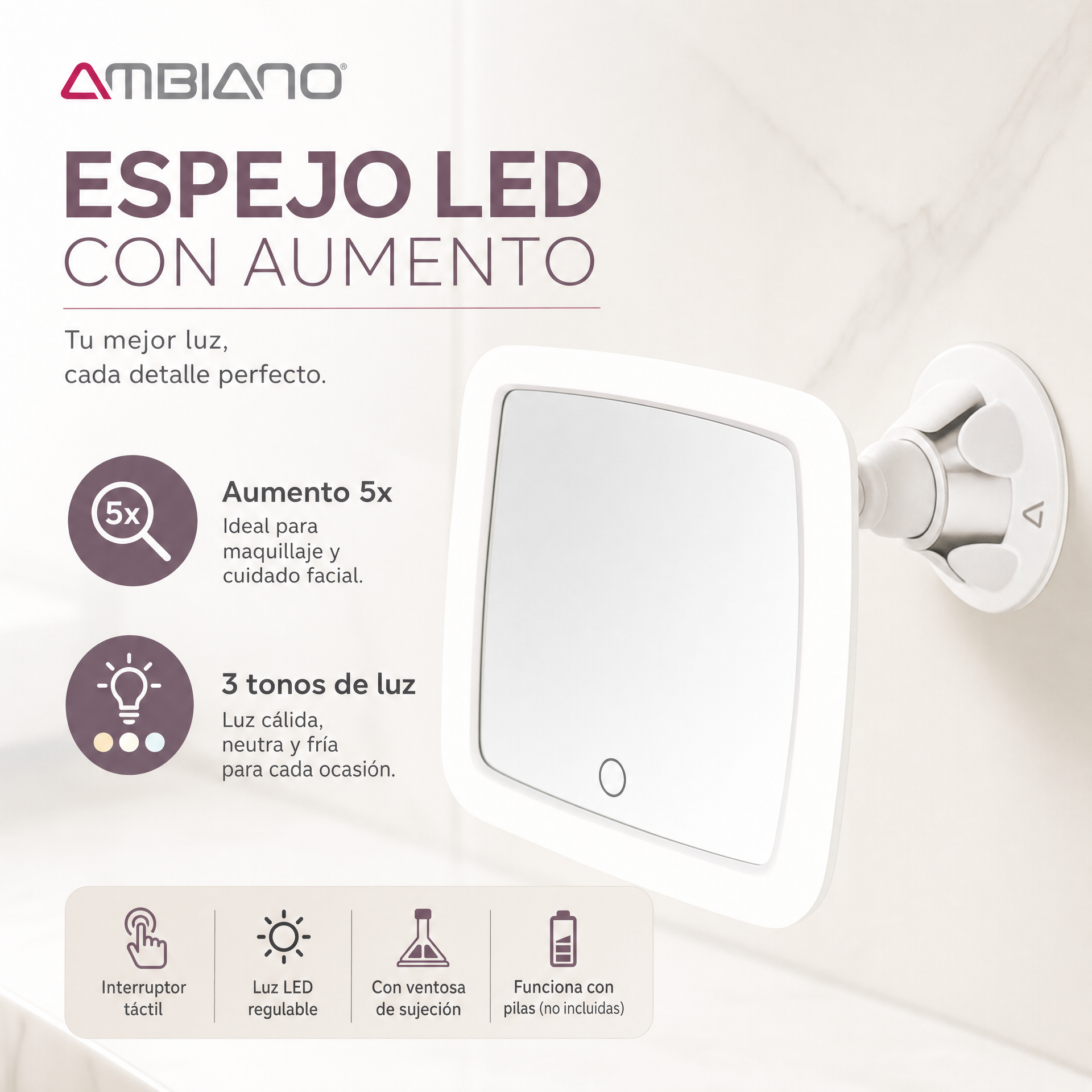 Espejo Cosmético LED Ambiano con Ventosa y Aumento 5x