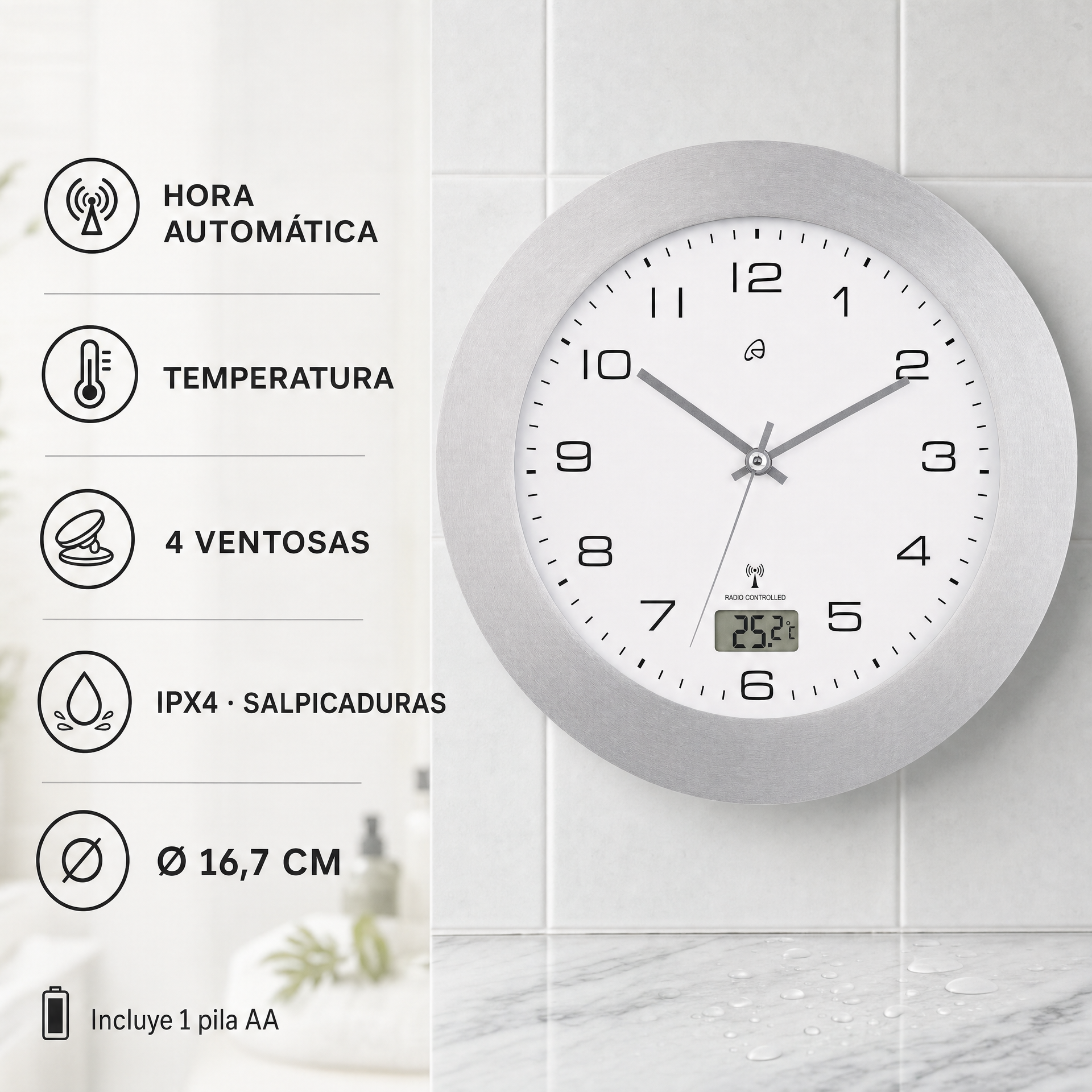 Reloj de Baño Radiocontrolado AURIOL Blanco con Temperatura