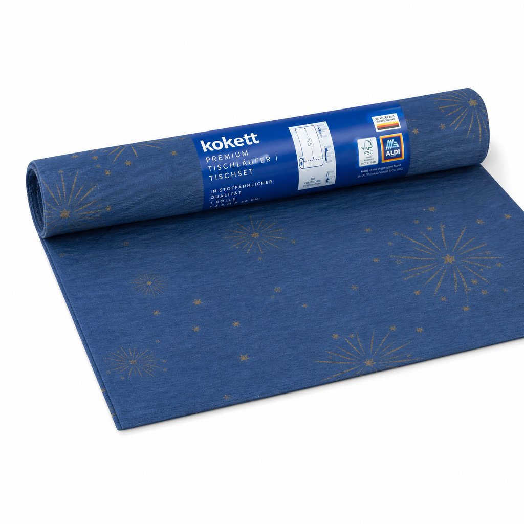 Kokett camino de mesa decorativo azul con estampado de estrellas doradas