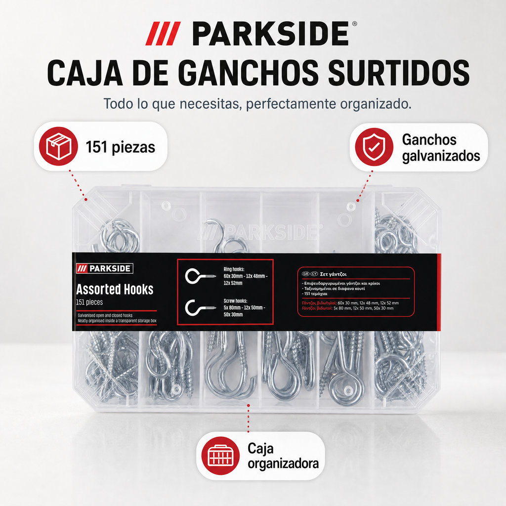Surtido de ganchos de anilla y roscados en caja organizadora transparente, 151 piezas