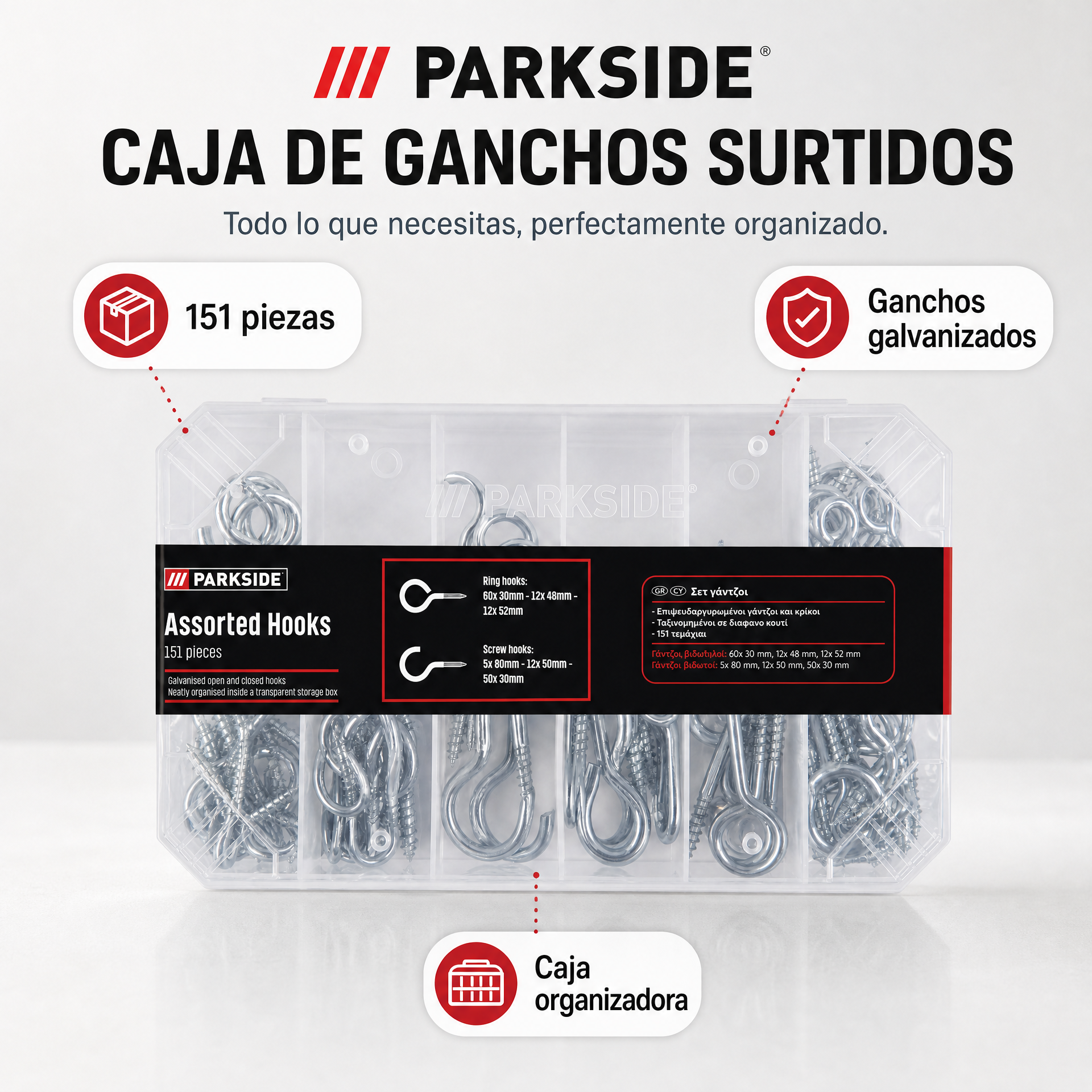 Surtido de ganchos de anilla y roscados en caja organizadora transparente, 151 piezas