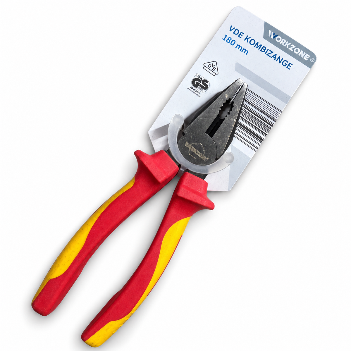 Workzone alicate universal VDE 180 mm: herramienta con cartón original sobre fondo blanco
