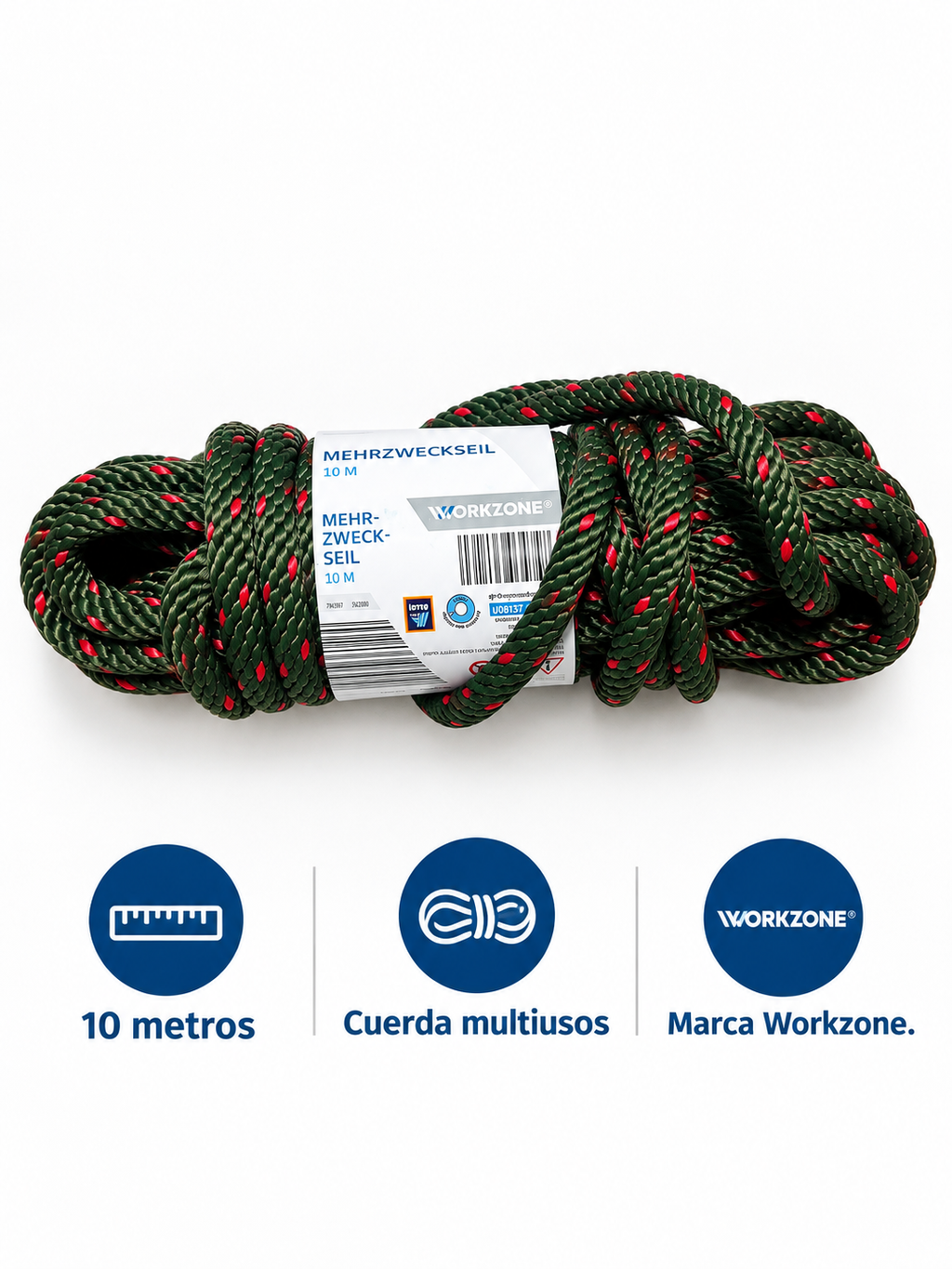 Workzone cuerda multiusos de 10 m verde con detalles rojos · características