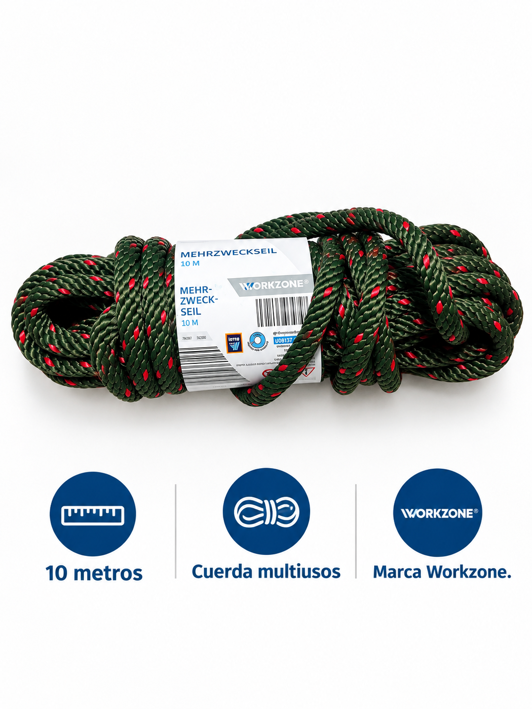 Workzone cuerda multiusos de 10 m verde con detalles rojos · características