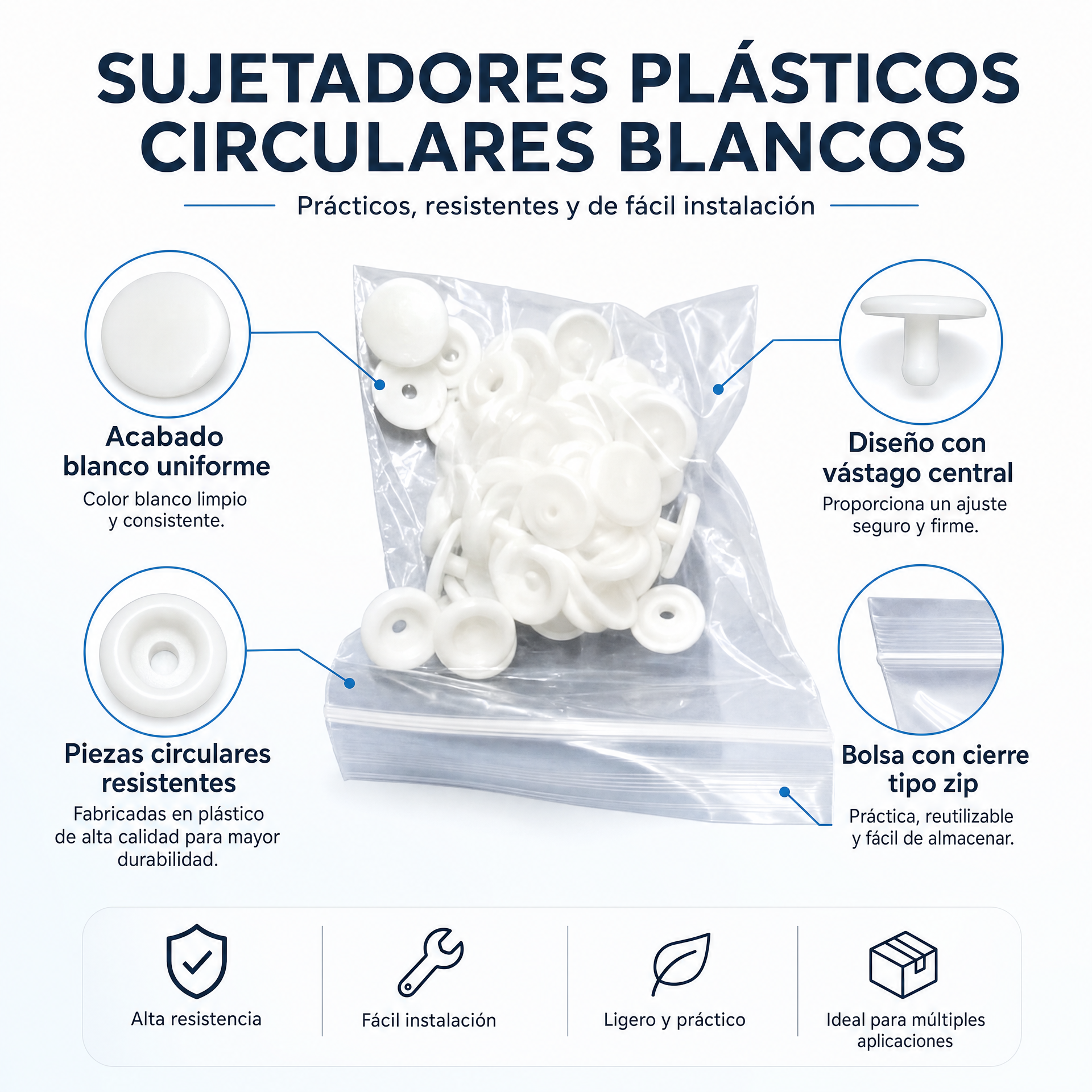 Piezas circulares blancas con vástago en bolsa de plástico