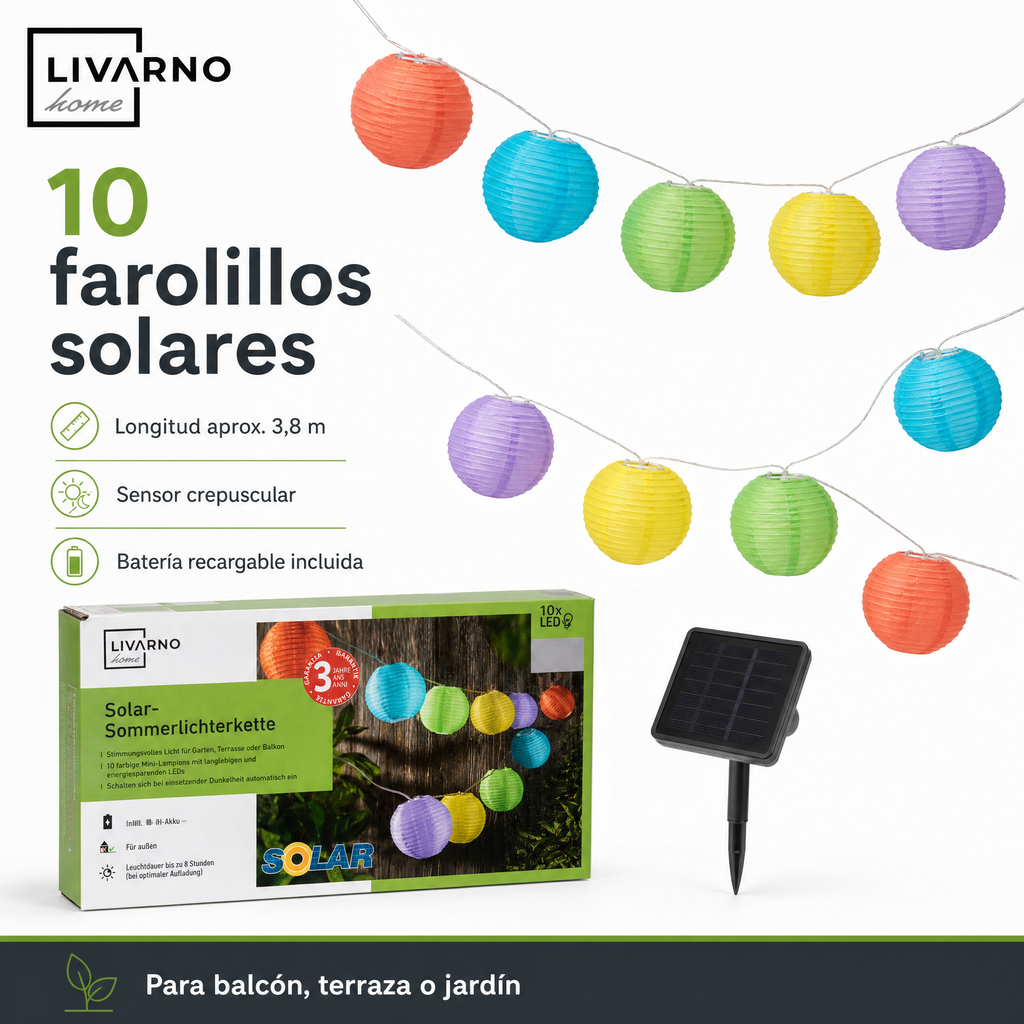 Livarno Home Guirnalda Solar de Verano, 10 Farolillos