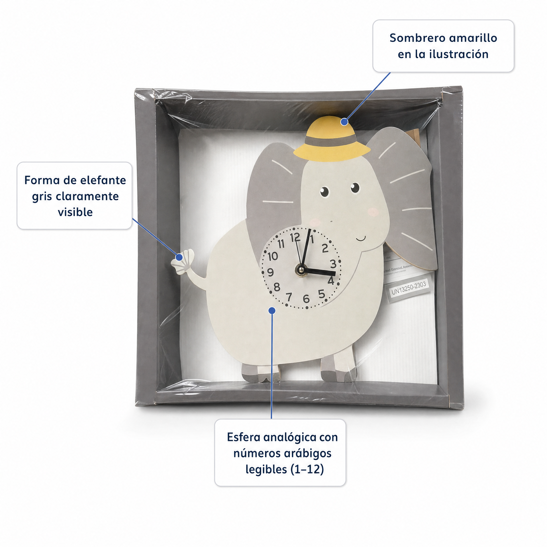 Reloj de pared en forma de elefante gris con sombrero amarillo y esfera analógica