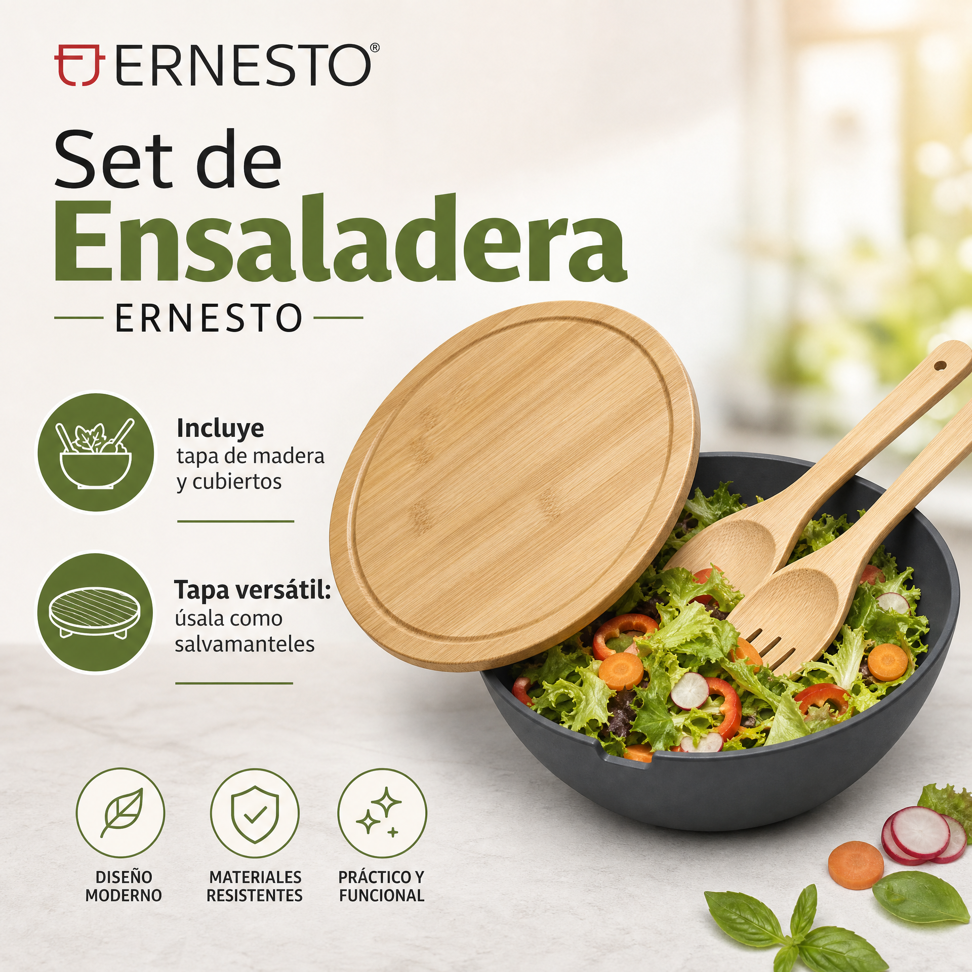Set de Ensaladera ERNESTO con Tapa y Cubiertos de Madera