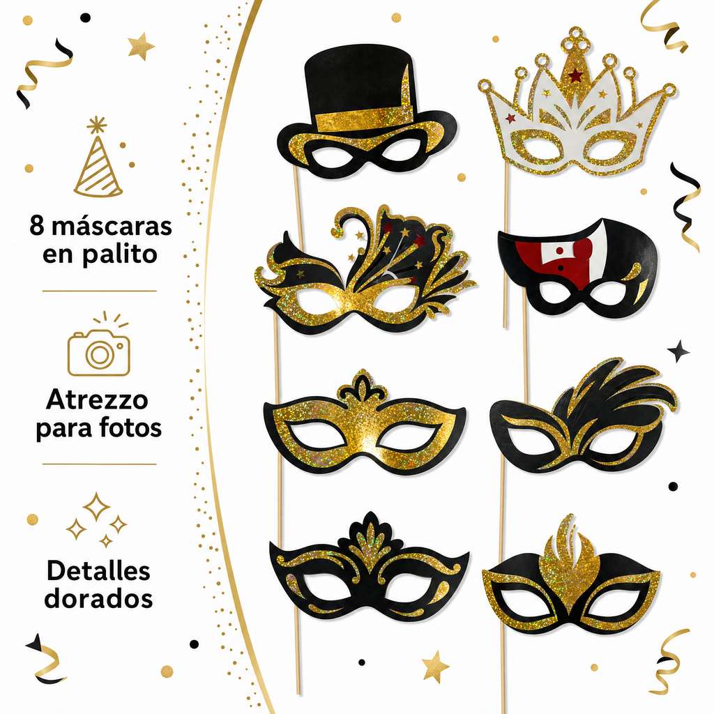 Colección Fiesta - Set de 8 máscaras en palito con detalles dorados