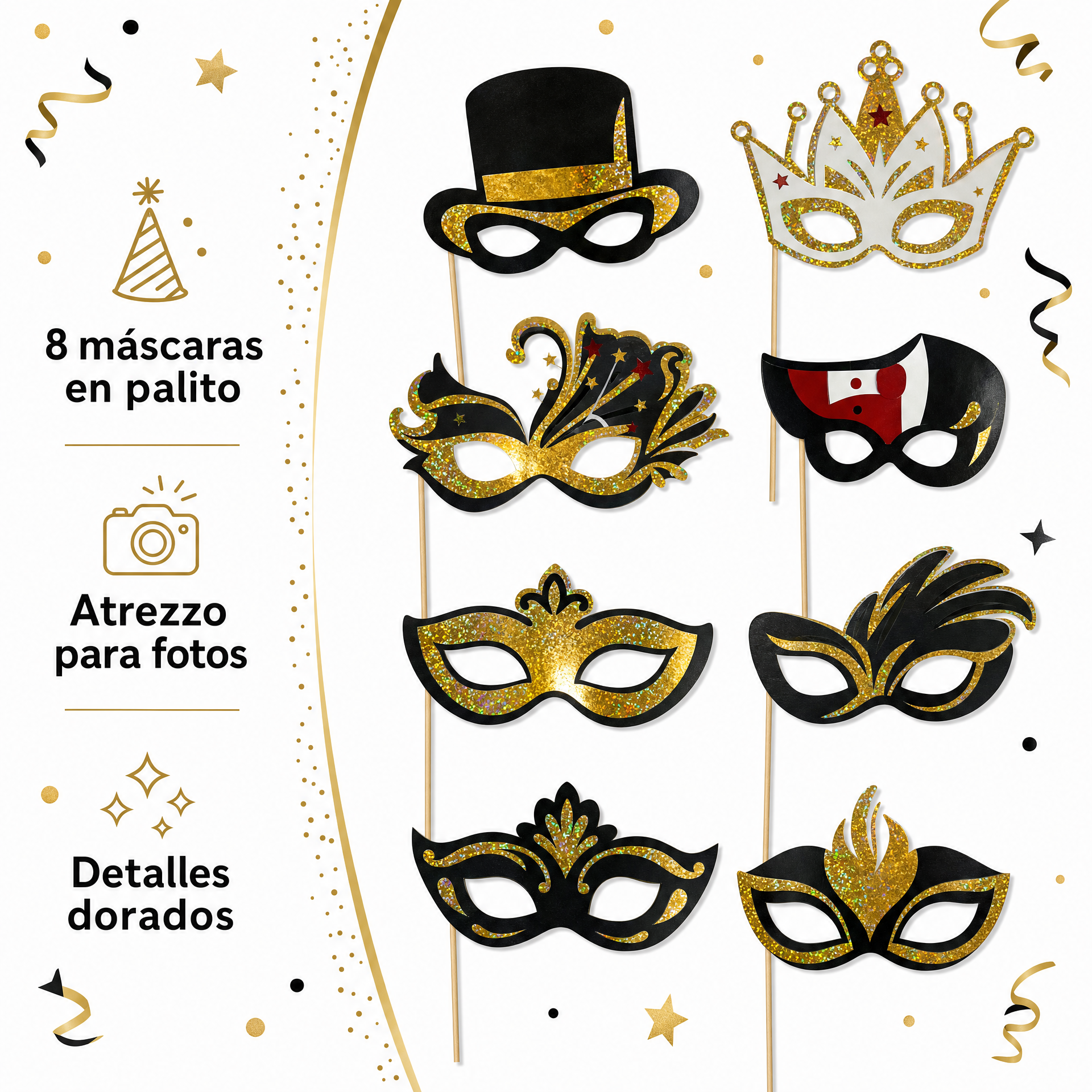 Colección Fiesta - Set de 8 máscaras en palito con detalles dorados