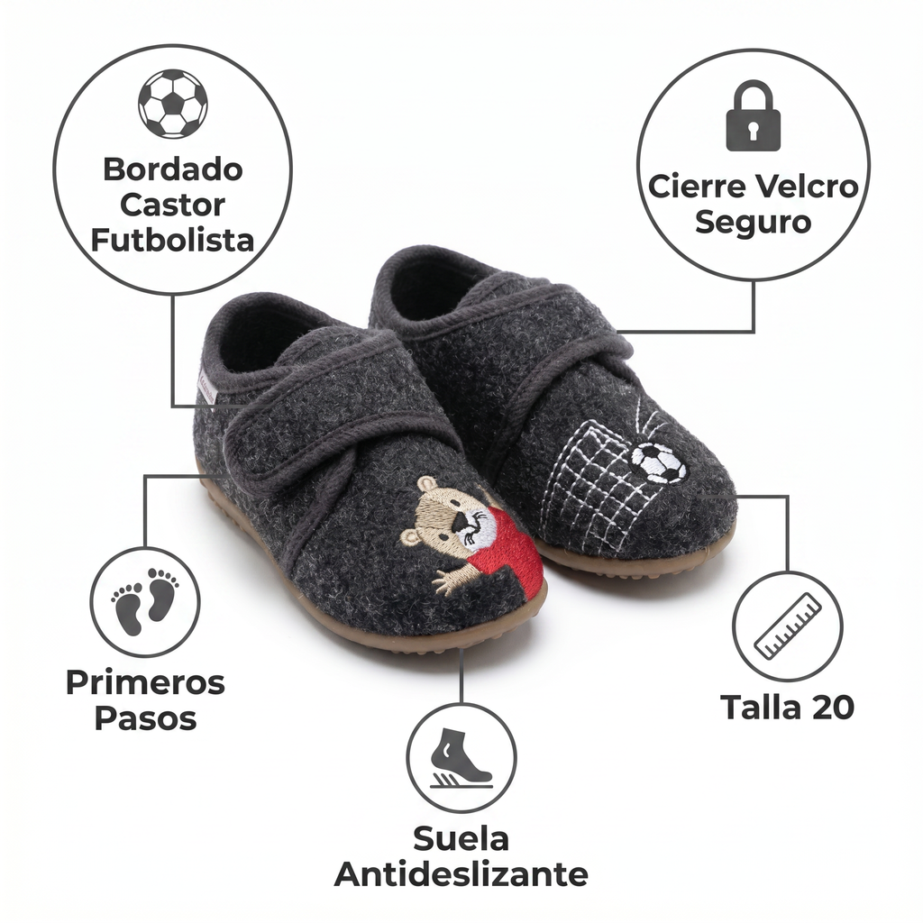 Zapatillas de Casa Bebé Gris Fútbol/Castor — Fieltro con Velcro